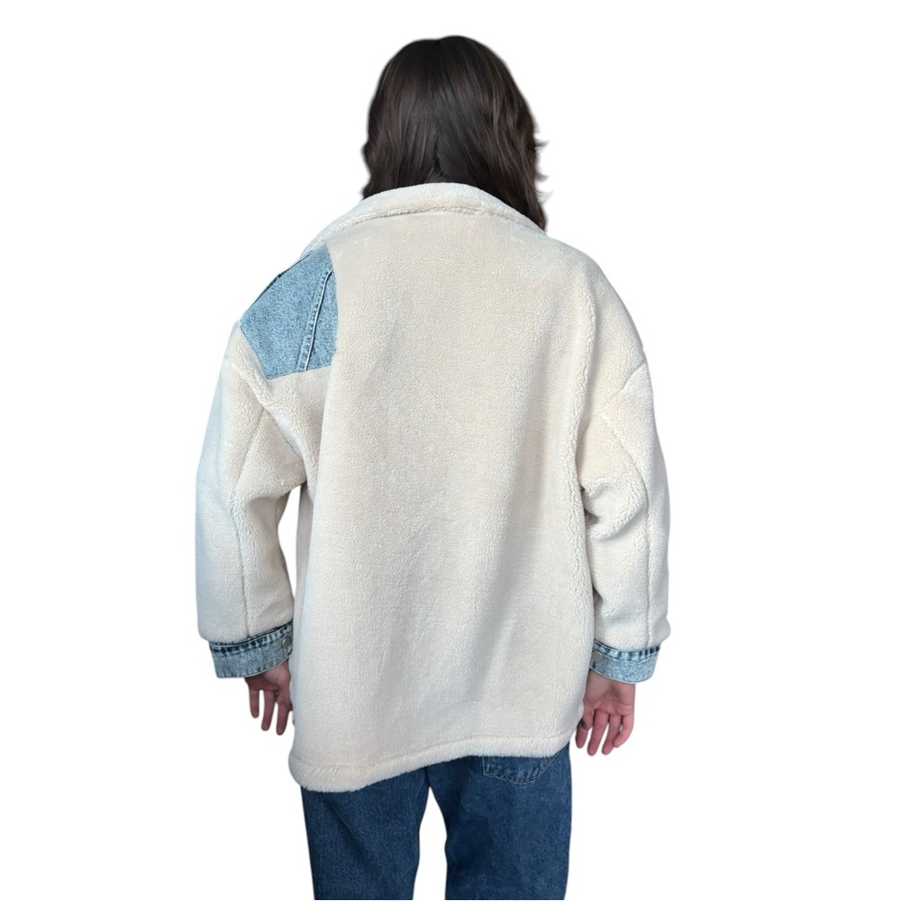 Teddy Fleece & Denim Contrast Patch Jacket-NWT - Picture 4 of 4